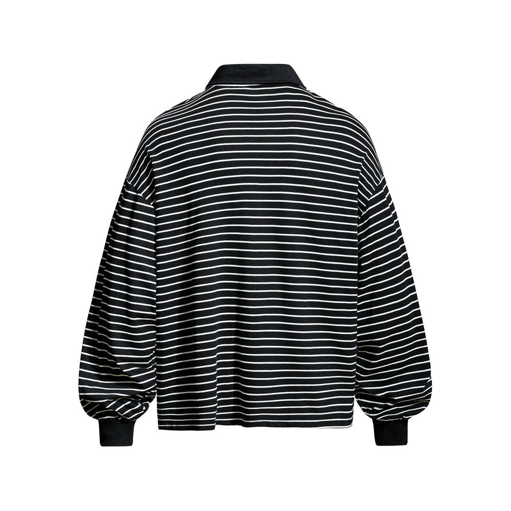 Striped Long Sleeve Shirt Mens Polo — Varsity Embroidery, Relaxed Fit