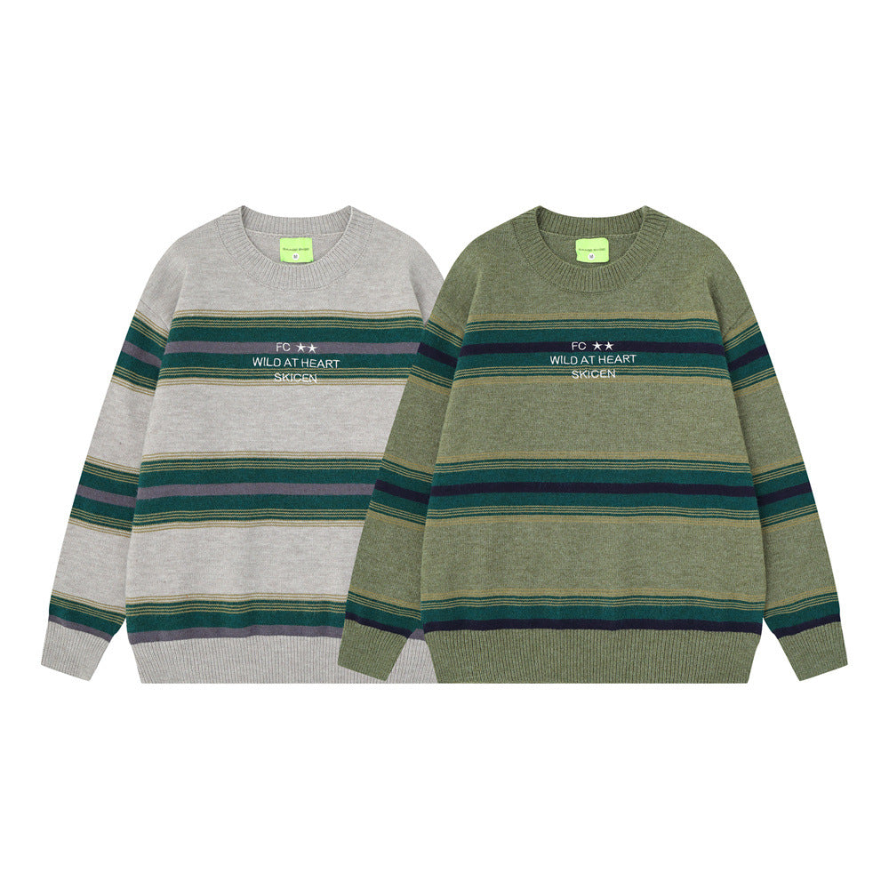 Striped Crew Neck Sweater – Relaxed Fit Color-Block Knit Pullover