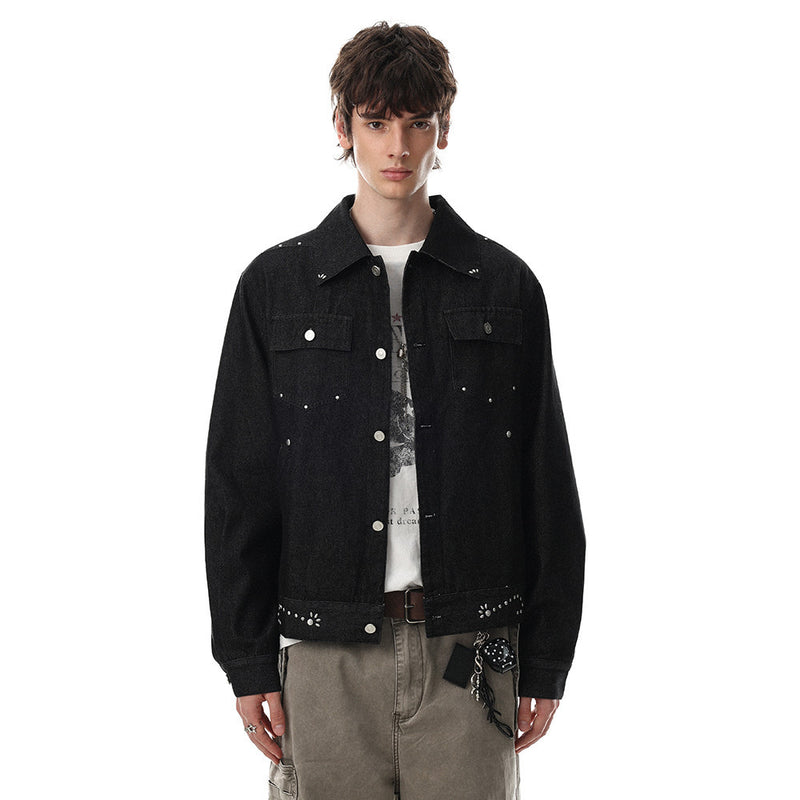 Men's Studded Denim Trucker Jacket – Short Cropped Fit with Silver Rivet Detail
