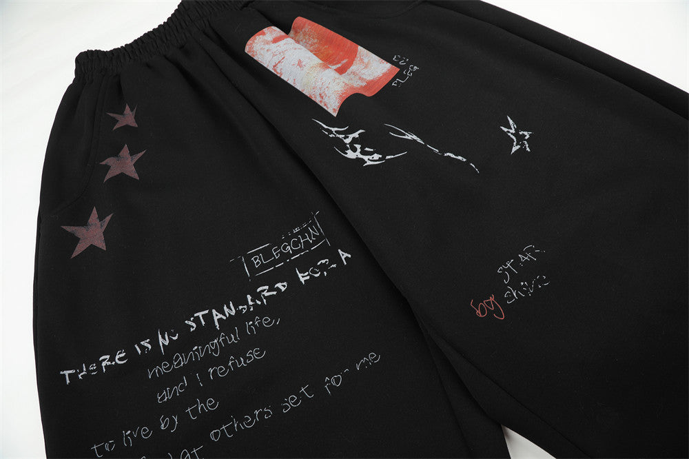 Sweatpants Men Black Wide-Leg Star & Graphic Print Hip-Hop Joggers