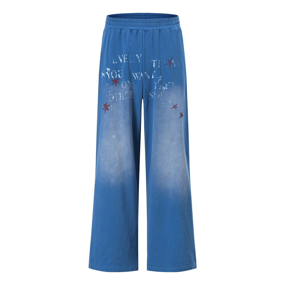 Men's Wide-Leg Sweatpants with Star & Letter Graphic Print, Acid-Wash Streetwear