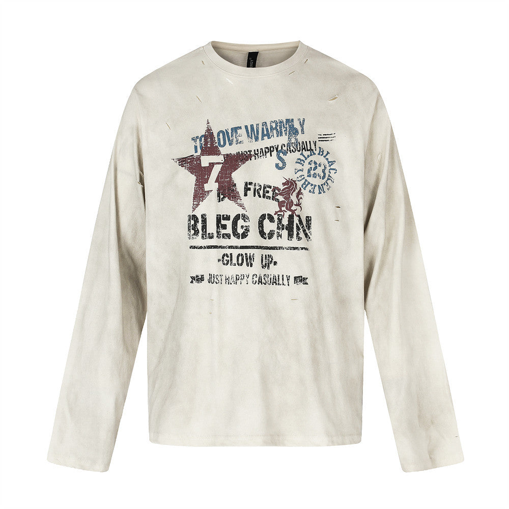 Men's Crew Neck Long Sleeve Distressed Graphic Tee – Vintage Star Print, Washed