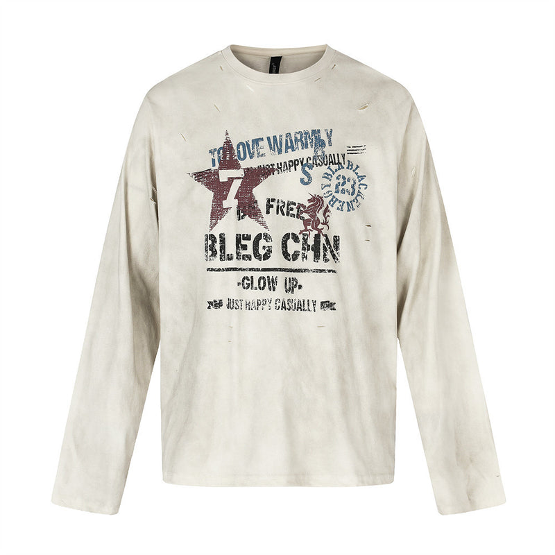 Men's Crew Neck Long Sleeve Distressed Graphic Tee – Vintage Star Print, Washed
