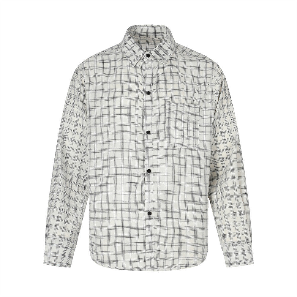 Men's oversized plaid long sleeve button-up shirt in off-white check pattern, front view
