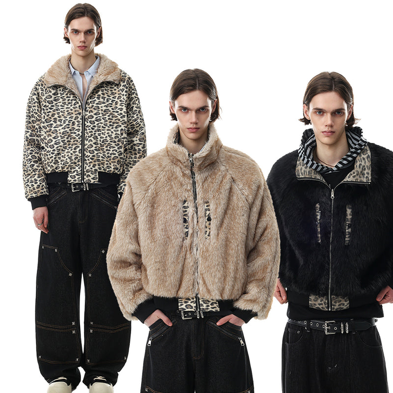 Reversible Faux Fur & Leopard Print Bomber Jacket – Oversized Retro American