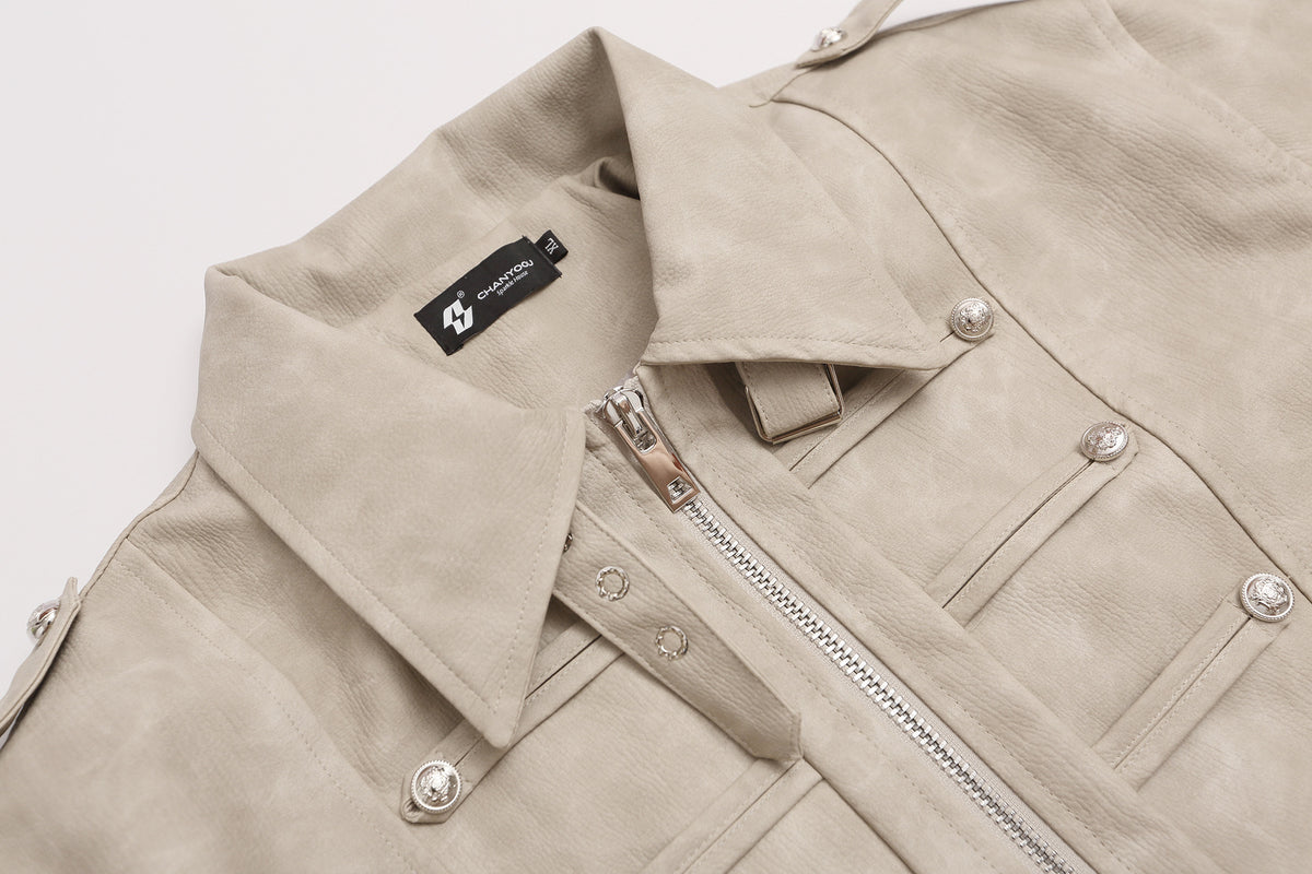 Military-Style Faux Leather Jacket – Punk Band Collar with Decorative Buttons