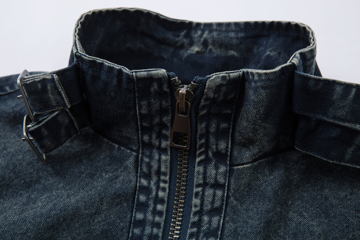 Oversized Washed Denim Jacket – Boxy Belted Hem, Acid-Wash Workwear Style
