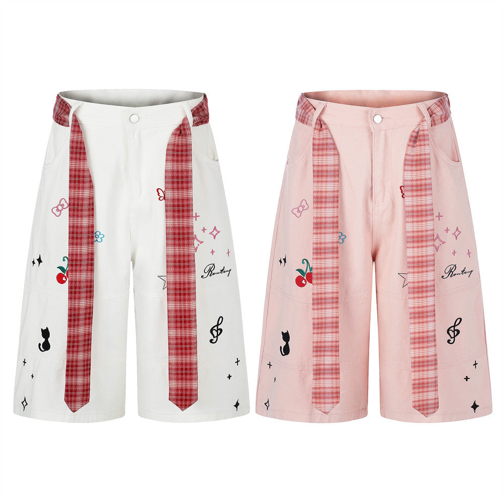 Cartoon Embroidery Wide-Leg Shorts with Plaid Tie Detail