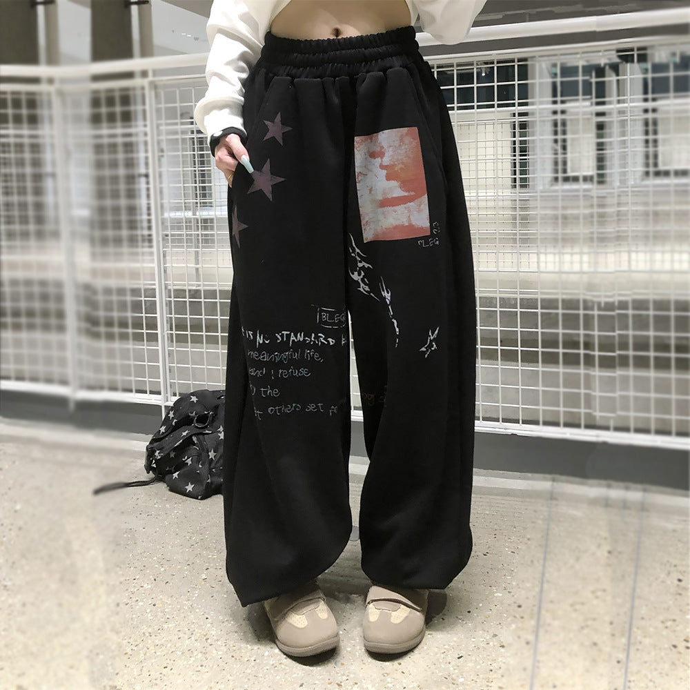 Sweatpants Men Black Wide-Leg Star & Graphic Print Hip-Hop Joggers