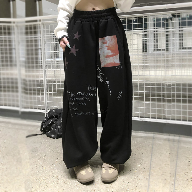 Sweatpants Men Black Wide-Leg Star & Graphic Print Hip-Hop Joggers