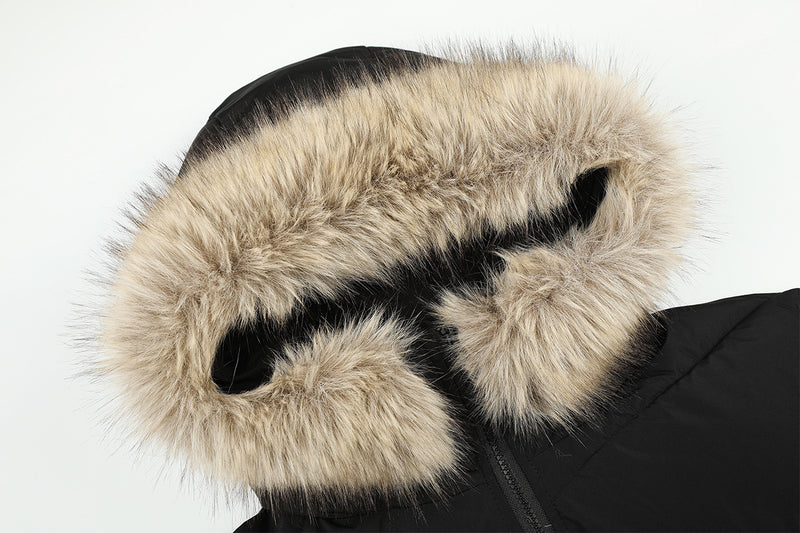 Puffer Bomber Jacket with Faux Fur Hood – Diagonal Quilted Short Winter Coat