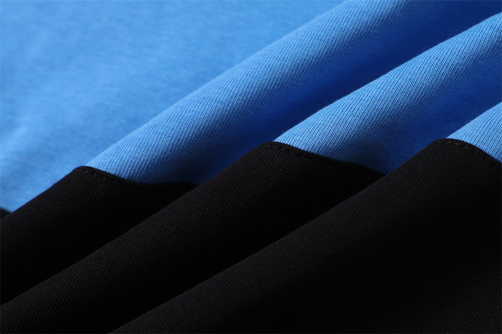 Men's Long Sleeve Rugby Polo Shirt – Black & Blue Colorblock Lace-Up Collar with