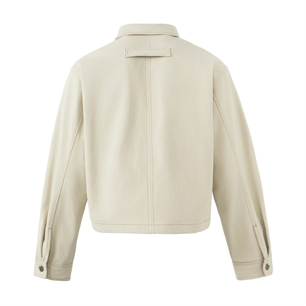 Cropped Denim Jacket – Diamond Stitch Workwear Design, Point Collar