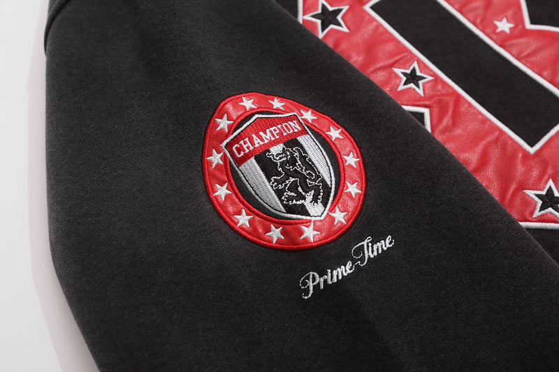 American Football Varsity Hoodie with '08' Leather Patch & Star Embroidery