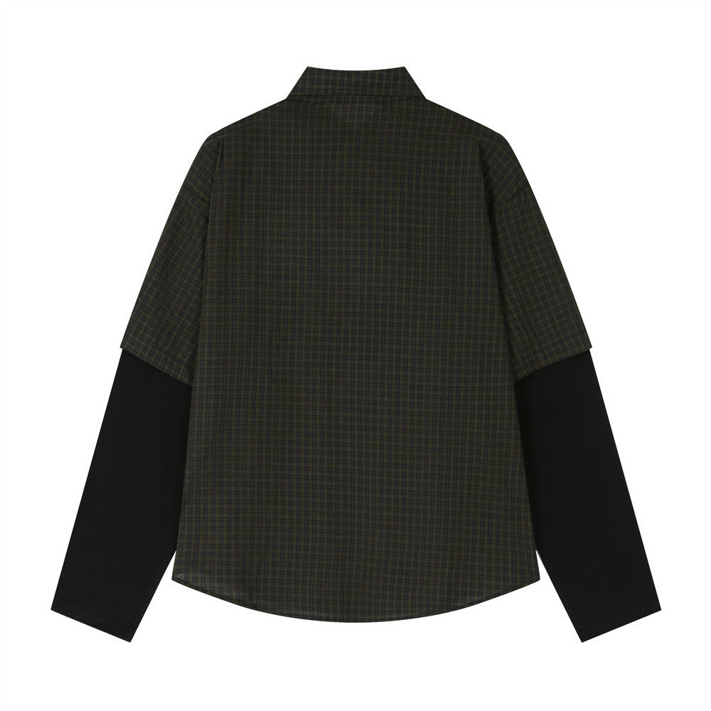 Plaid Faux Two-Piece Long Sleeve Shirt with Letter Embroidery Patch — Oversized