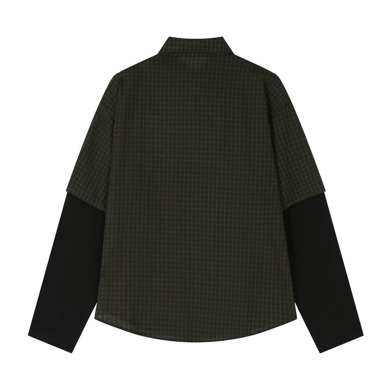Plaid Faux Two-Piece Long Sleeve Shirt with Letter Embroidery Patch — Oversized