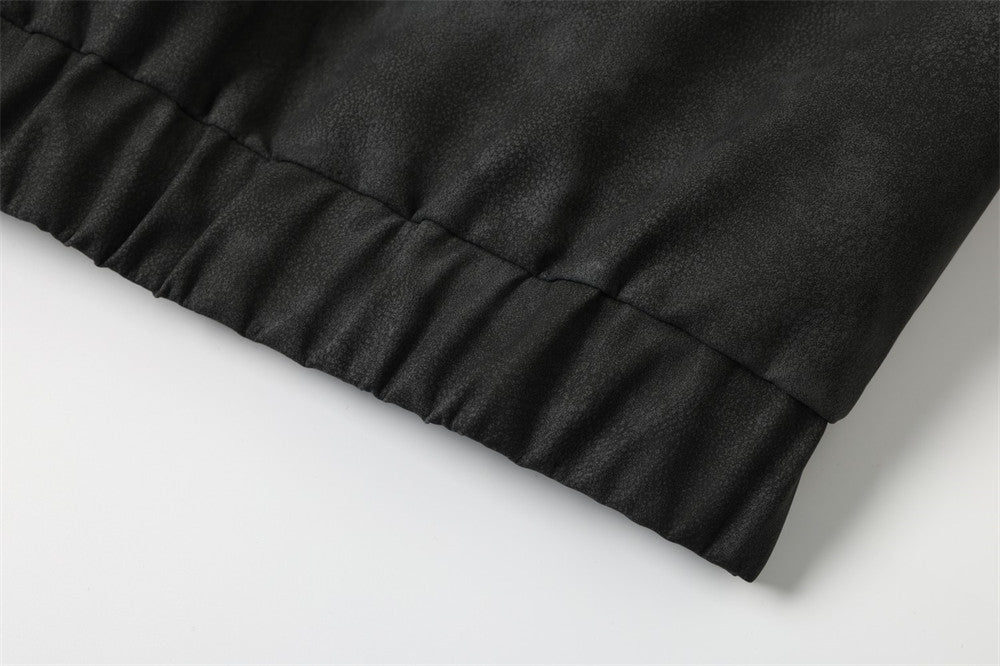 Fur-Trim Hooded PU Leather Bomber Jacket – Letter Embroidery, Distressed Finish