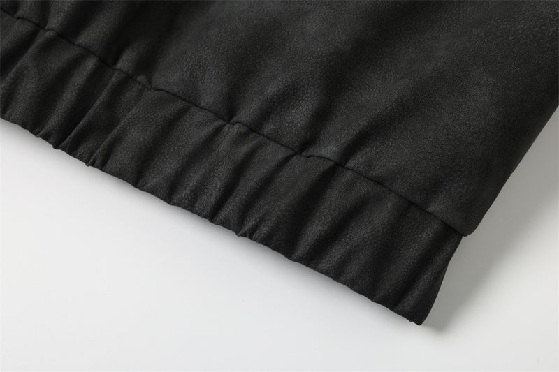 Fur-Trim Hooded PU Leather Bomber Jacket – Letter Embroidery, Distressed Finish