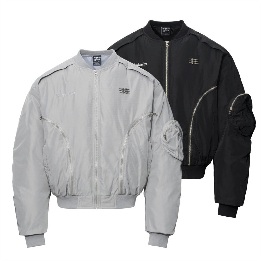 Men's Oversized Padded Bomber Jacket with Ruched Sleeves & Multi-Zip Detail