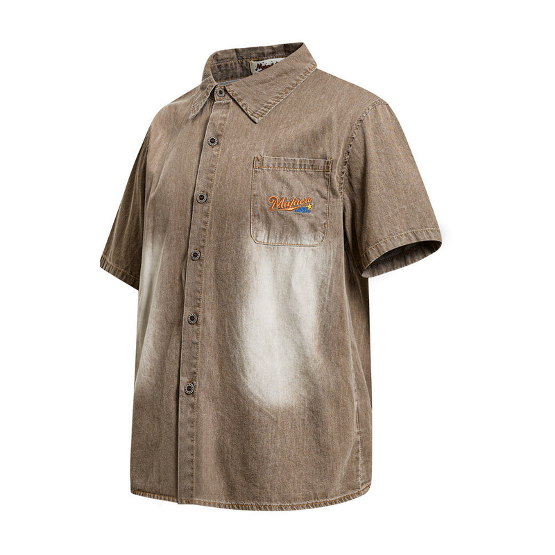 Vintage Sun-Faded Washed Denim Short Sleeve Shirt – Oversized Streetwear Fit