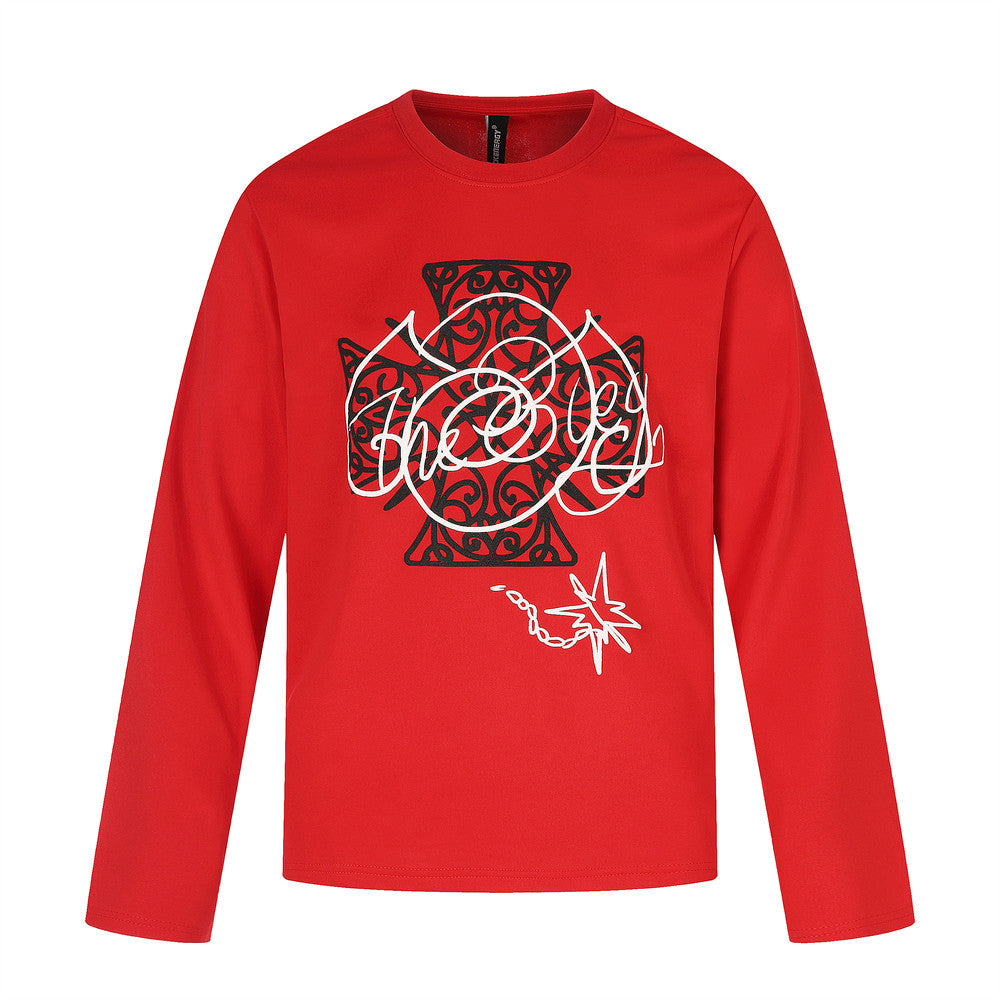 Front view of red long sleeve tee with black and white Celtic cross graphic print