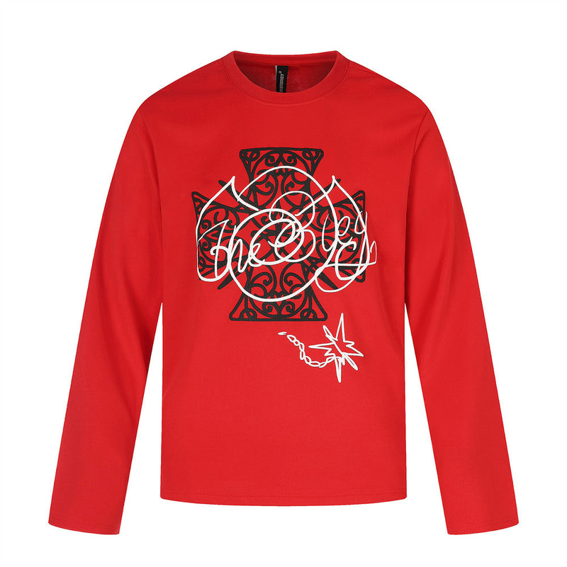 Front view of red long sleeve tee with black and white Celtic cross graphic print