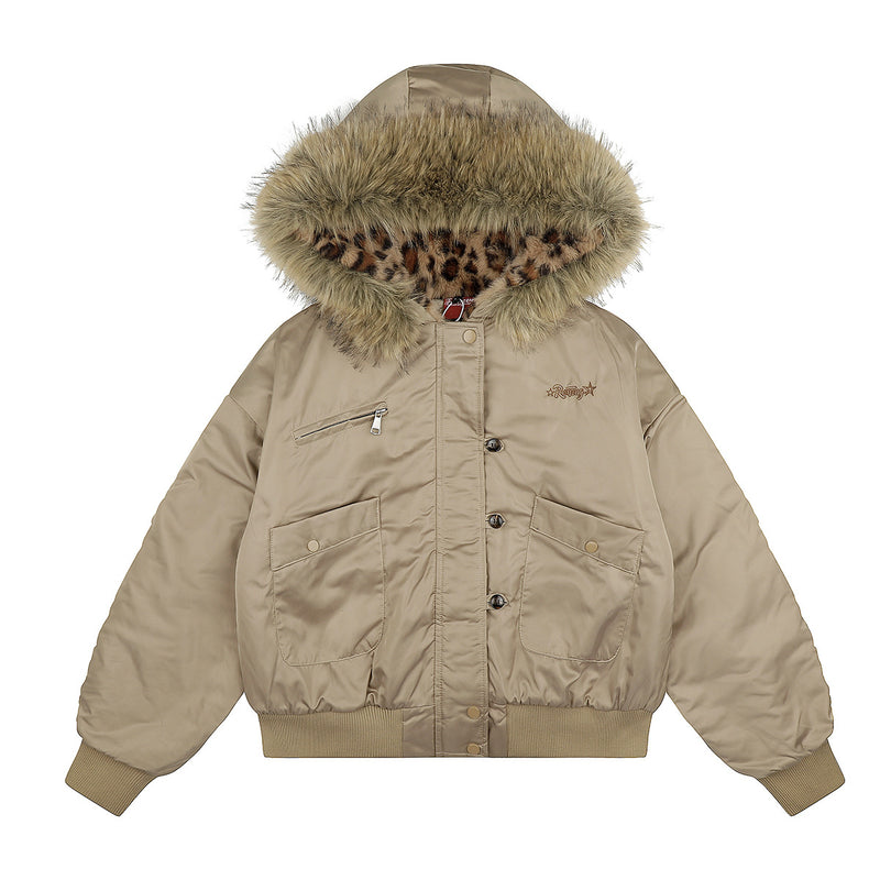 Leopard Print Fleece-Lined Bomber Jacket with Faux Fur Hood