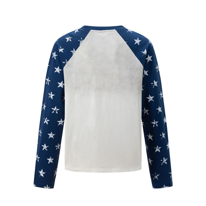Navy Long Sleeve Shirt – Raglan Star-Print Sleeves Vintage Graphic Tee