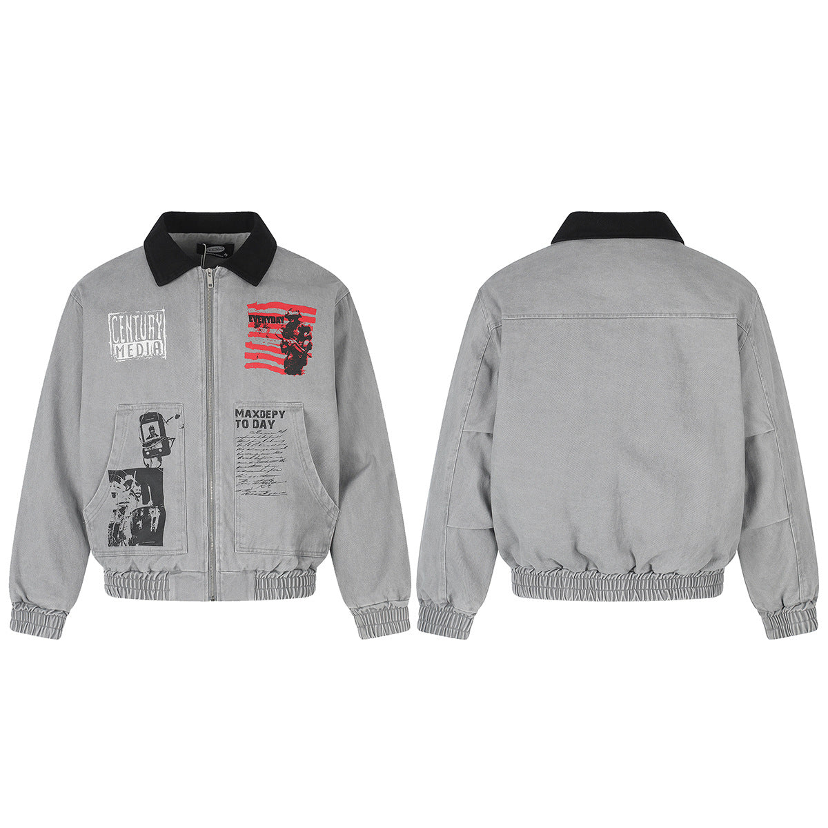 Washed Graphic Bomber Jacket with Contrast Collar – Vintage Americana Style