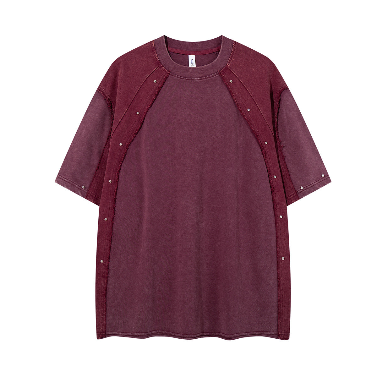 T-shirt patchwork raglan délavé à l’acide, coutures à bords bruts et détails rivetés