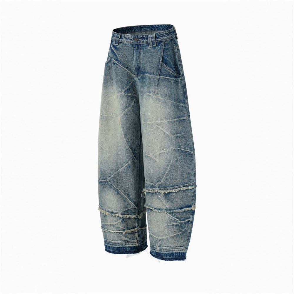 Loose Fit Baggy Jeans Men – Distressed Patchwork Wide-Leg Denim with Raw-Edge