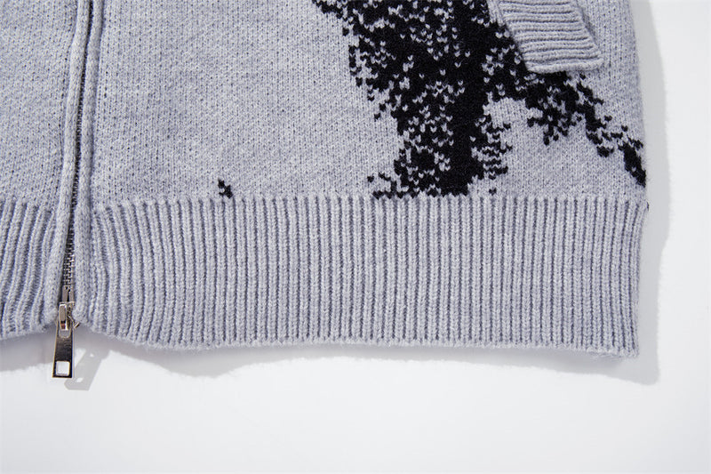 Ink-Splash-Strick-Cardigan mit Reißverschluss – Oversized-Stehkragen