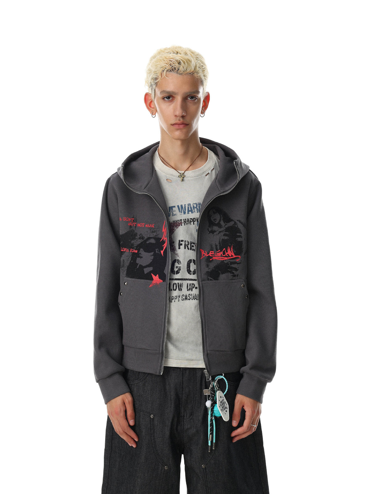 Graphic Zip-Up Hoodie – Dark Grey Studded Streetwear Cardigan with Anime Print