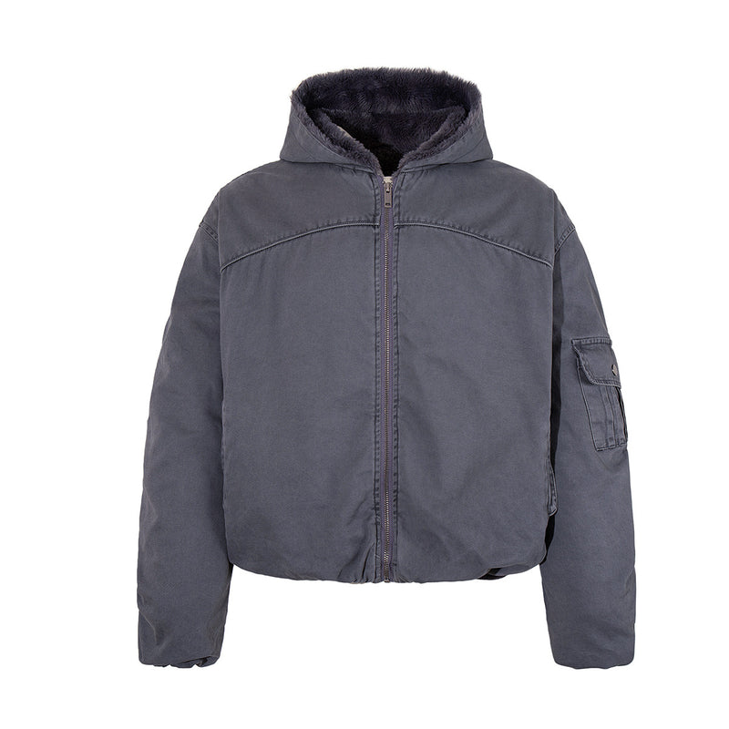 Hooded Puffer Jacket with Faux Fur Lining & Ruched Sleeves – Washed Grey