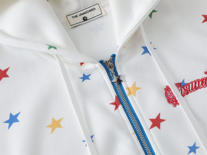 Hoodie mit Allover-Regenbogen-Sternenprint, Reißverschluss und kontrastierenden blauen Details