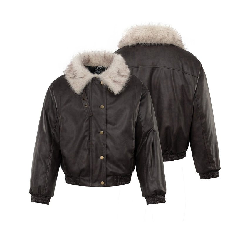 Faux Leather Bomber Jacket with Fur Collar – Padded Aviator Style