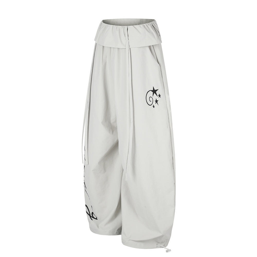 Letter Print Wide-Leg Balloon Pants – Streetwear Fold-Over Waist Casual Trousers