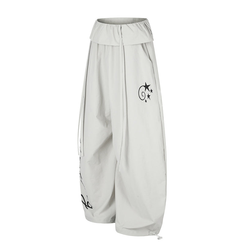 Letter Print Wide-Leg Balloon Pants – Streetwear Fold-Over Waist Casual Trousers