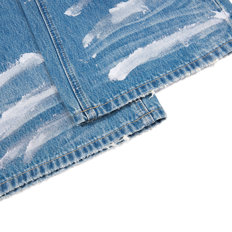 Distressed Flare Jeans – Men's Washed Blue Wide-Leg Denim with Paint Splatter