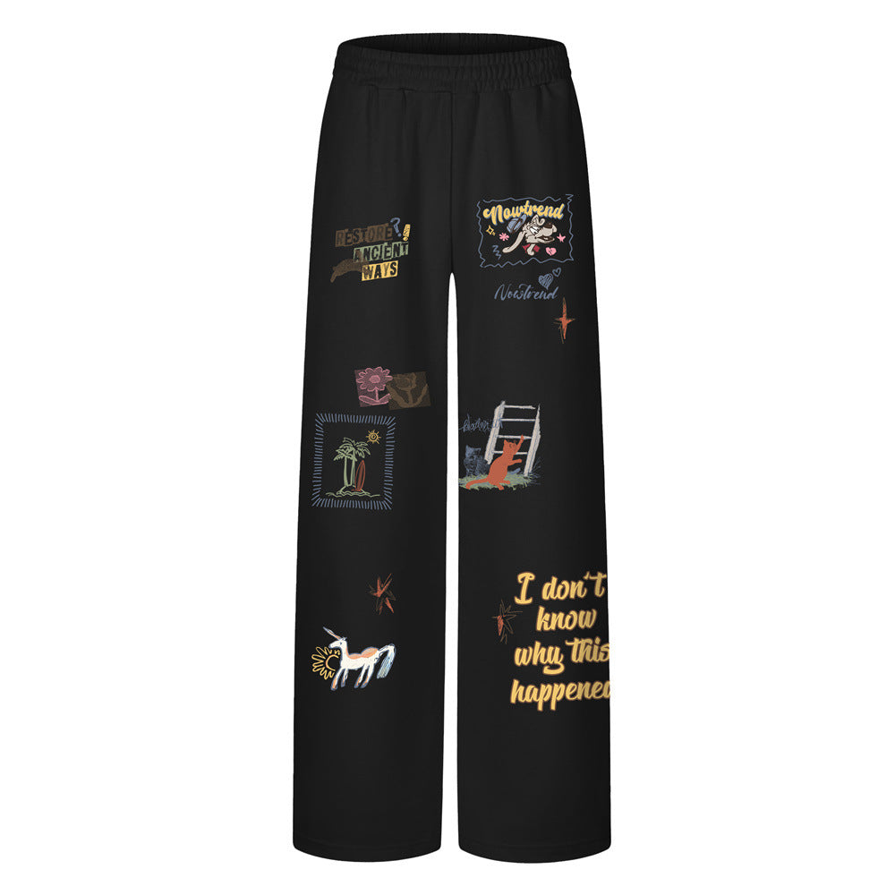 Cartoon Graphic Print Wide-Leg Sweatpants – Men's Relaxed Fit Hip-Hop Jogger