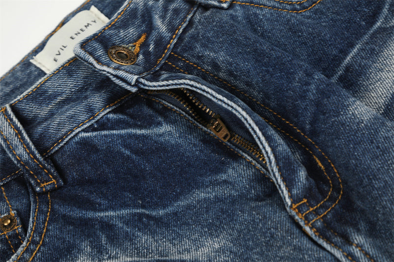 Wide-Leg Washed Jeans – Men's Vintage Blue Distressed Straight-Cut Denim