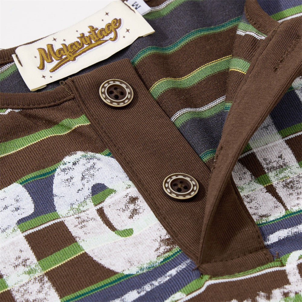 American Vintage Striped Henley Graphic T-Shirt – Oversized Short Sleeve