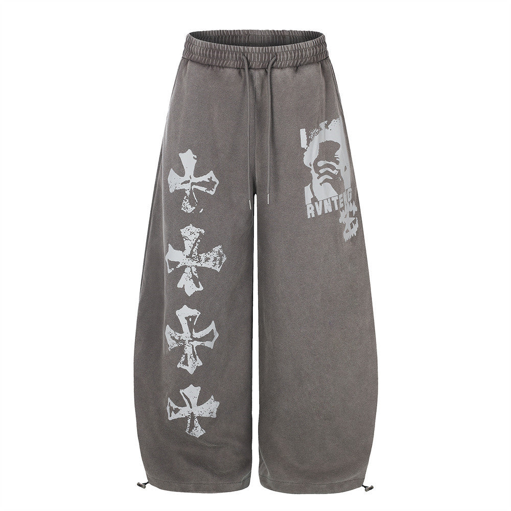 Wide-Leg Sweatpants with Vintage Cross Print & Acid Wash Finish