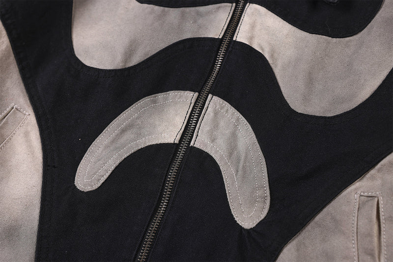 Abstrakte Patchwork-Reißverschlussjacke – Zweifarbig in Schwarz und gewaschenem Grau, verkürzte Harrington-Jacke