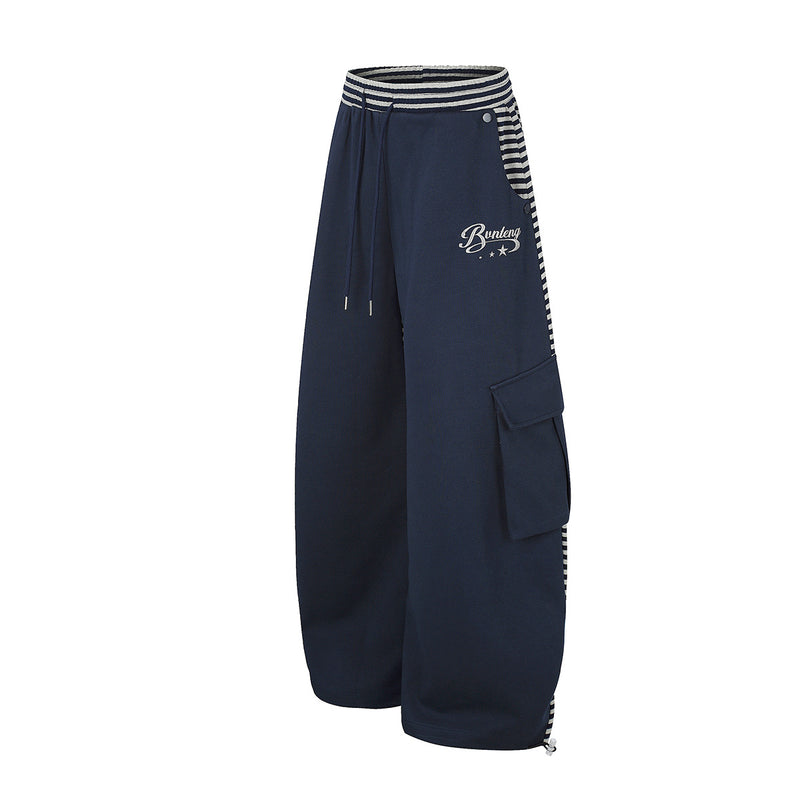 Wide-Leg Cargo Sweatpants with Striped Waistband – Relaxed Fit Parachute Pants
