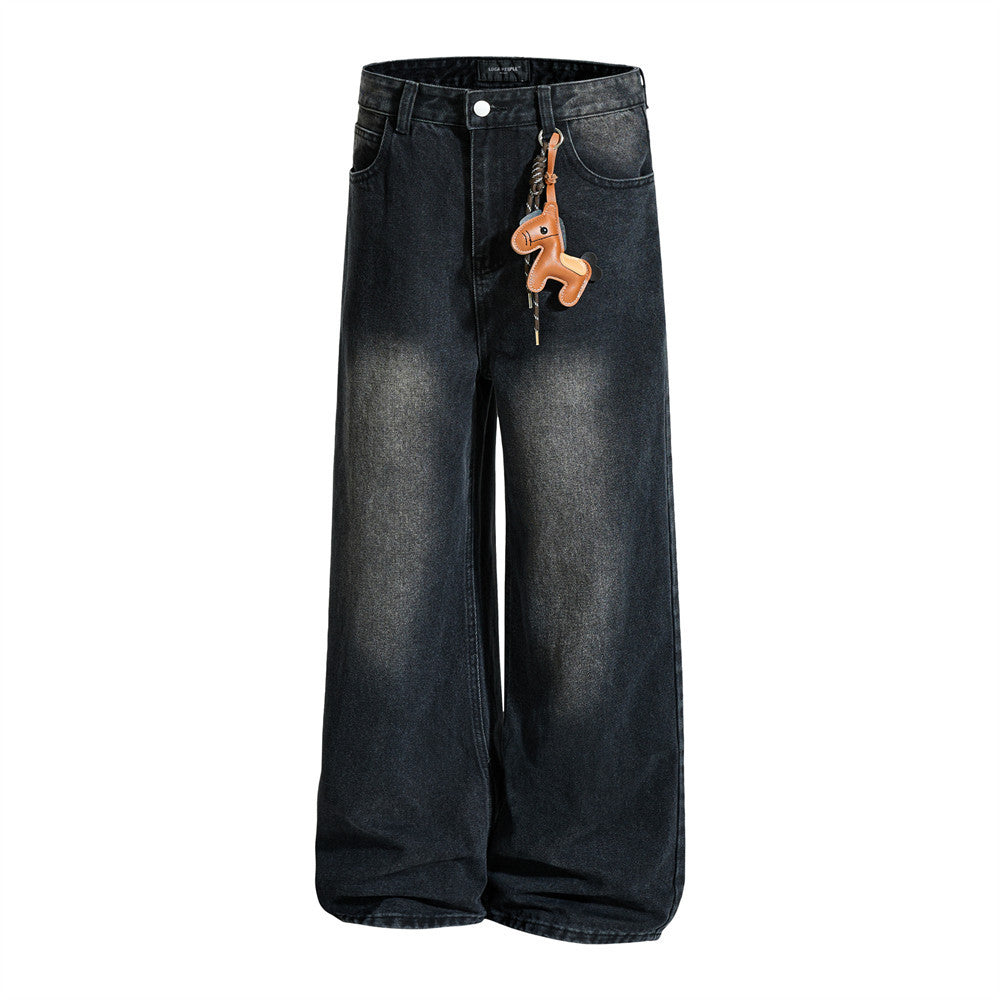 Men's Vintage Washed Wide-Leg Jeans – Relaxed Straight Fit with Horse Charm