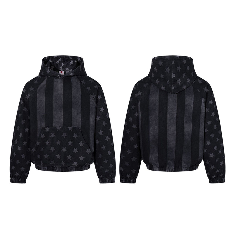 American Flag Denim Hoodie – Acid-Washed Vintage Stars & Stripes Pullover