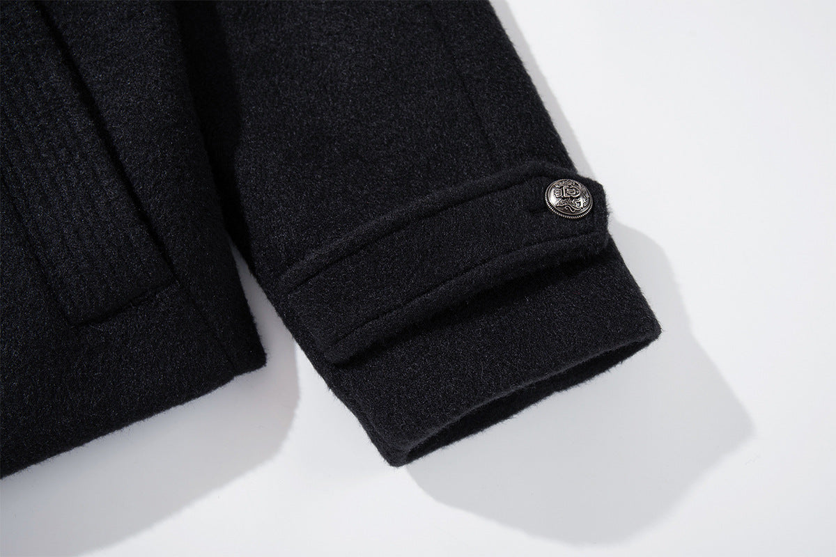 Men's Black Double-Breasted Military Wool Jacket with Stand Collar