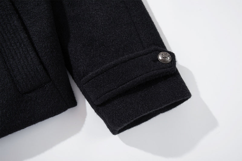 Men's Black Double-Breasted Military Wool Jacket with Stand Collar