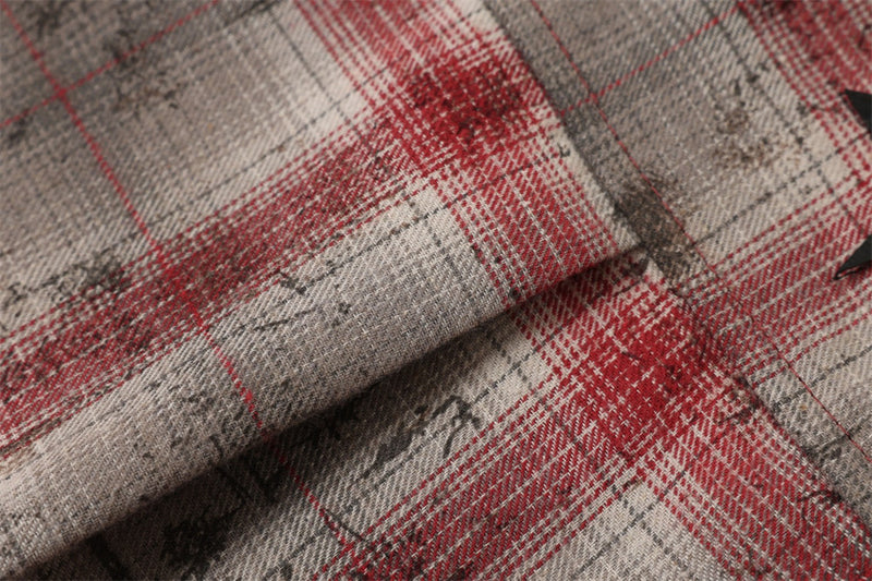 Distressed Plaid Long-Sleeve Shirt with Black Star Patches – Vintage Punk Style